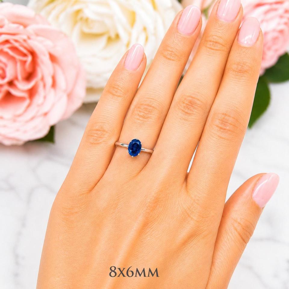 Oval-Cut Lab Blue Sapphire Solitaire Ring • 8x6mm—10x8mm, Sterling Silver, 6-Prong