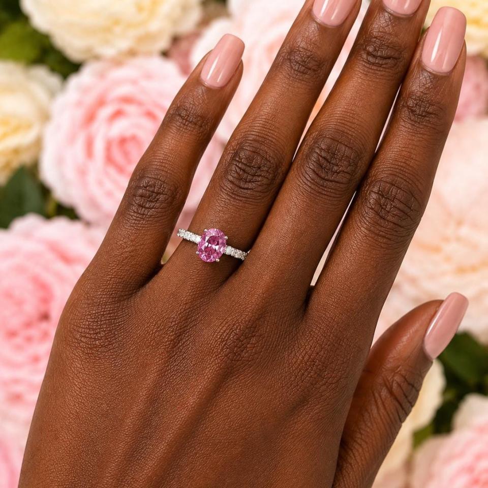 Oval-Cut Lab Pink Sapphire & CZ Engagement Ring or Bridal Set • 8x6mm—9x7mm, Sterling Silver