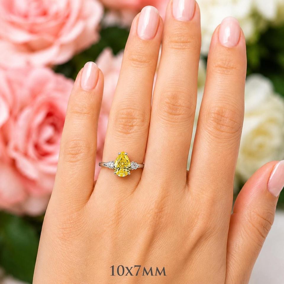 Canary Yellow Pear-Cut CZ 3-Stone Engagement Ring • 10x7mm, Sterling Silver