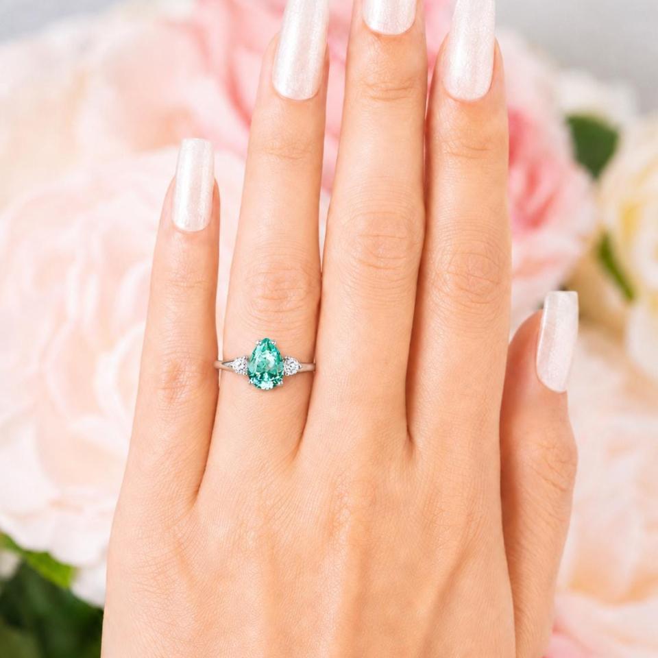 Pear-Cut Sea Foam Green Lab Spinel & CZ Ring • 10x7mm, Sterling Silver