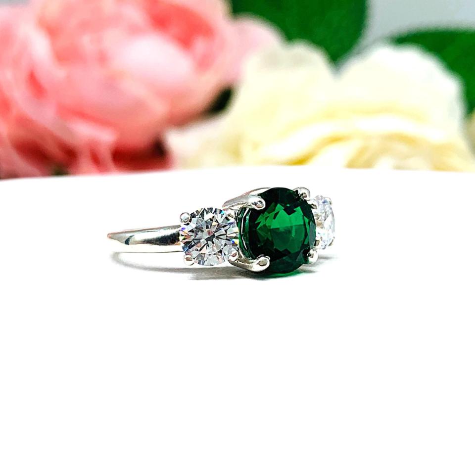 Round-Cut Lab Emerald & CZ 3-Stone Ring • 8mm Center, Sterling Silver, Size 6.75
