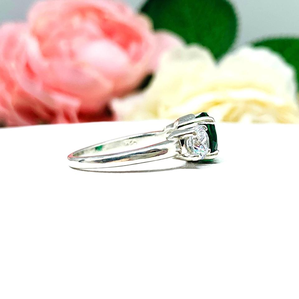 Round-Cut Lab Emerald & CZ 3-Stone Ring • 8mm Center, Sterling Silver, Size 6.75