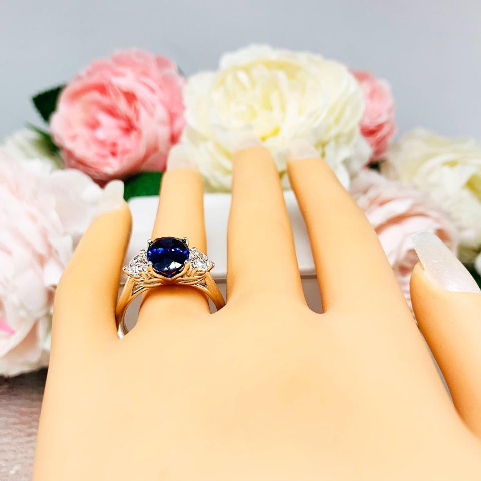 Oval-Cut Lab Blue Sapphire & Half-Moon CZ or Moissanite 3-Stone Ring • 12x8mm, 12x10mm, Sterling Silver