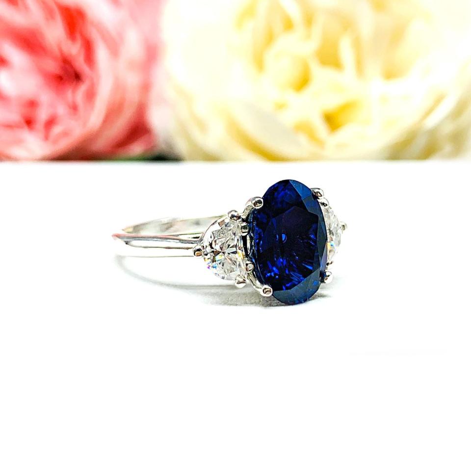 Oval-Cut Lab Blue Sapphire & Half-Moon CZ or Moissanite 3-Stone Ring • 12x8mm, 12x10mm, Sterling Silver