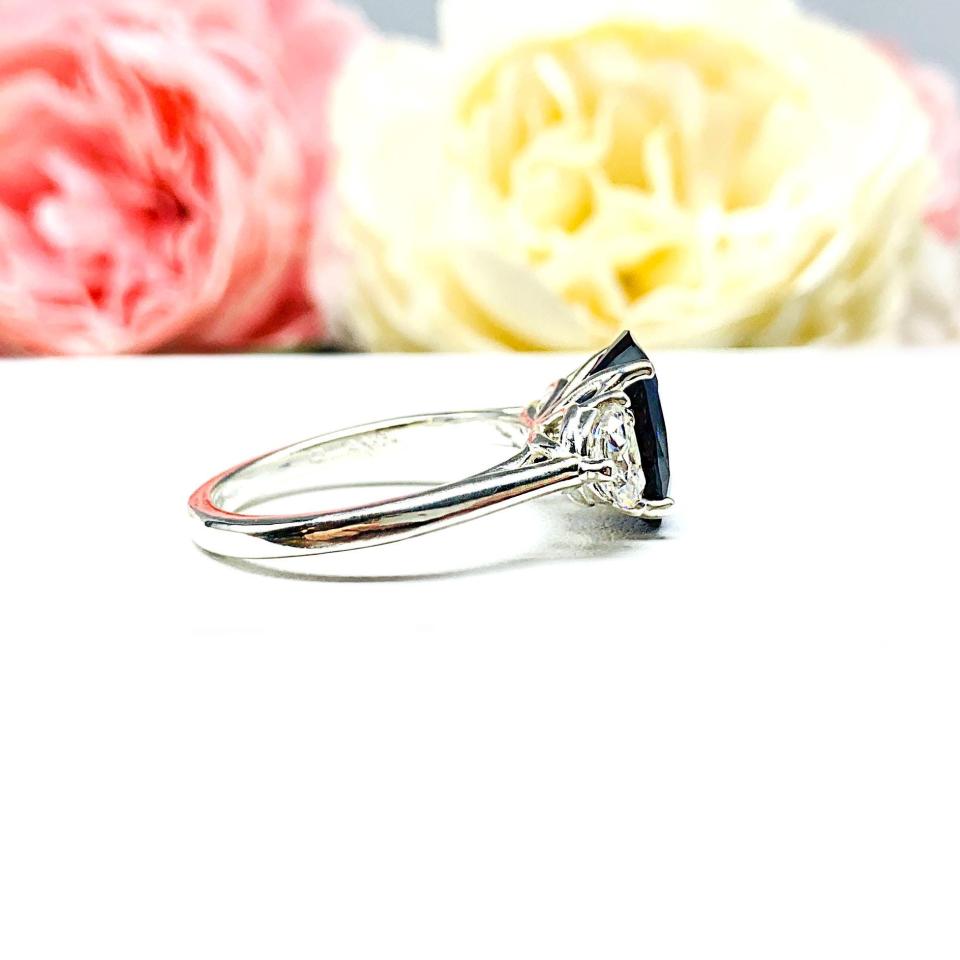 Oval-Cut Lab Blue Sapphire & Half-Moon CZ or Moissanite 3-Stone Ring • 12x8mm, 12x10mm, Sterling Silver