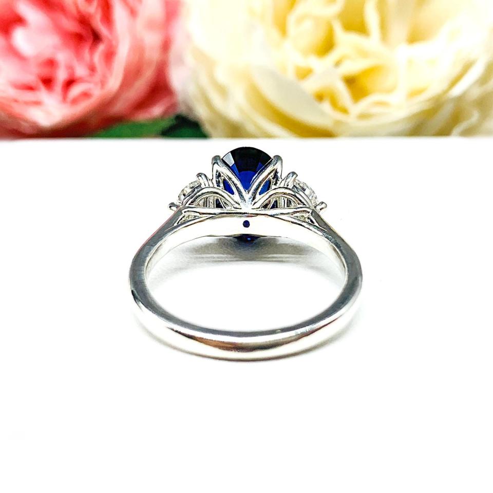 Oval-Cut Lab Blue Sapphire & Half-Moon CZ or Moissanite 3-Stone Ring • 12x8mm, 12x10mm, Sterling Silver