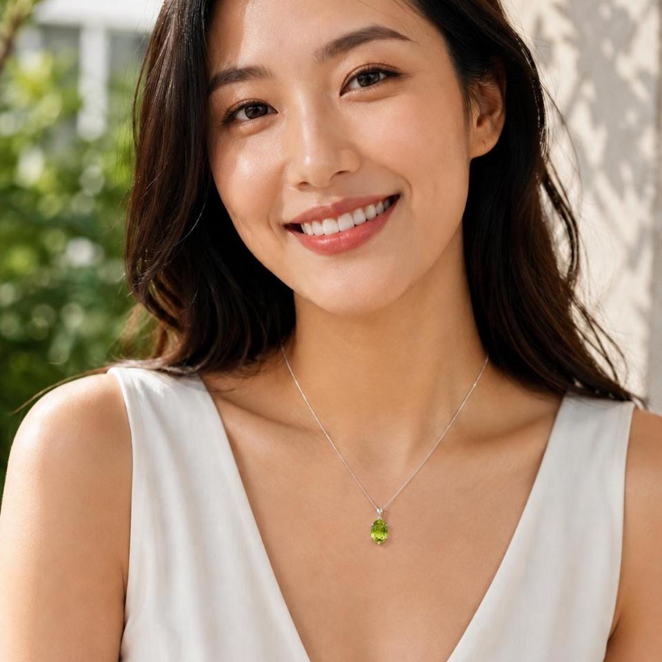 A woman wearing a bright neon green 9×7 mm oval apatite gemstone in a sterling silver six‑prong pendant, suspended from a delicate chain. Model image for size and styling reference — not a photo of the actual necklace.