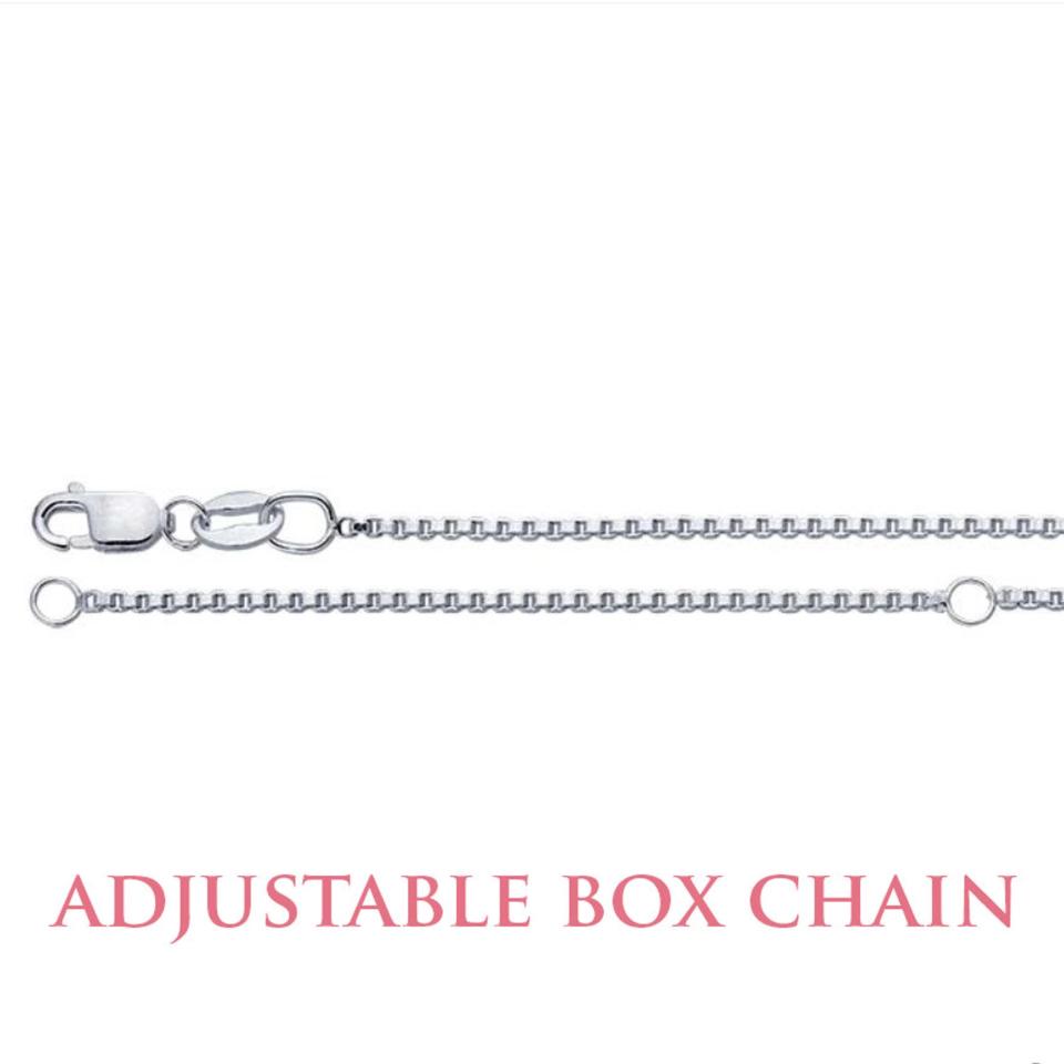 A sterling silver adjustable box chain necklace. The chain is made of small, square links. The necklace is shown in two positions, one with the clasp closed and the other with the clasp open. The text 'ADJUSTABLE BOX CHAIN' is displayed below the image.