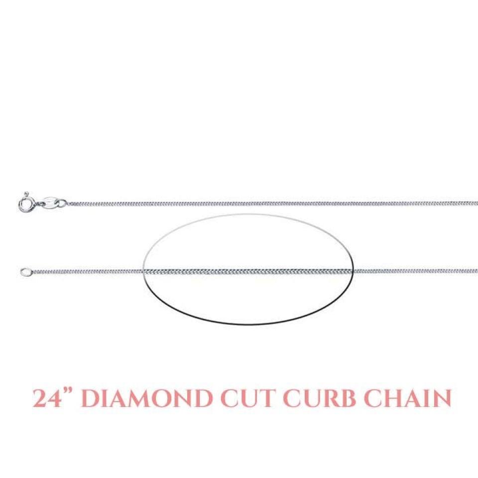 A 24 inch silver diamond-cut curb chain necklace. The chain is made of small, interlocking links that create a diamond-cut pattern. The chain has a spring  clasp.