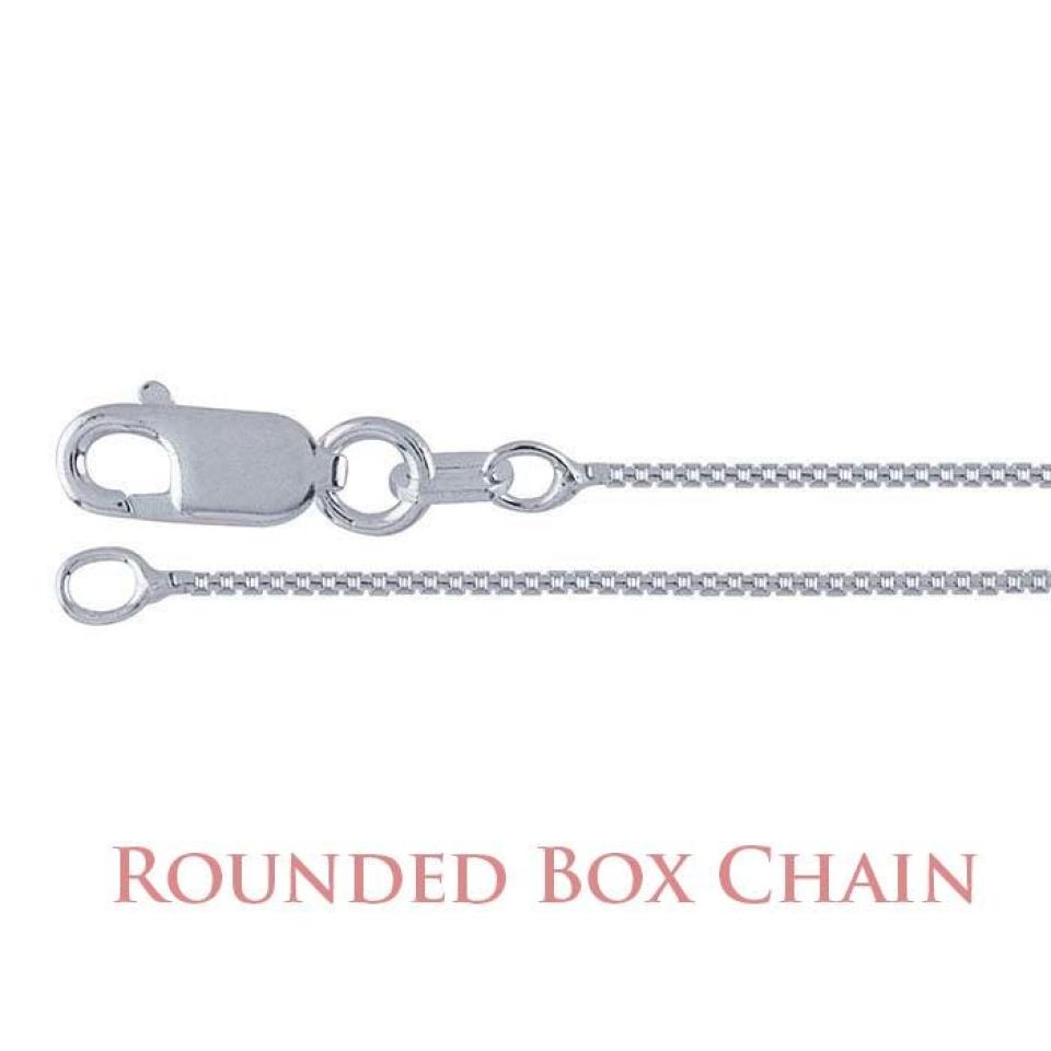 A sterling silver rounded box chain necklace with a lobster clasp. The chain is made of small, square links. The text "ROUNDED BOX CHAIN" is displayed in a pinkish-red font at the bottom of the image.