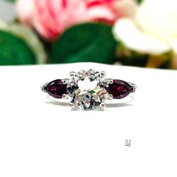 Natural White Topaz Rhodolite Garnet Ring - 8mm white topaz - Rhodolite garnet pear side stones - Sterling silver setting