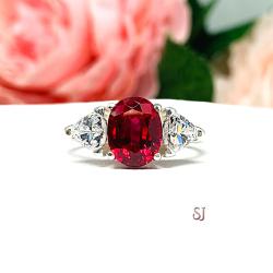 Lab Created Ruby Oval CZ Trillion Ring Lower Profile Sterling Silver