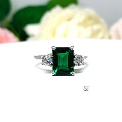 Lab Created Emerald CZ Accents Ring - 9x7mm Emerald Cut - Sterling Silver