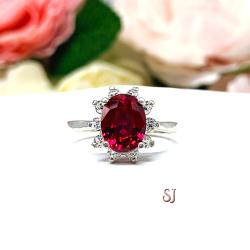 Lab Ruby 9x7mm Oval CZ Halo Sterling Silver Ring Size 7
