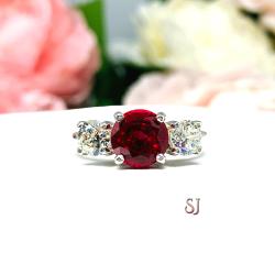 Round Lab Created Ruby CZ 3 Stone Ring Sterling Silver