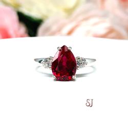 Lab Created Ruby Pear Round CZ Ring Sterling Silver