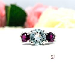 Round Aquamarine Garnet 3 Stone Ring - Genuine gemstones (2.85 cts total) - Sterling silver setting