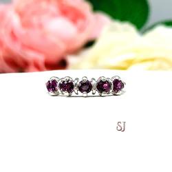 Garnet 5 Stone Sterling Silver Ring - Natural 3mm round wine color gemstones - Sterling Silver setting