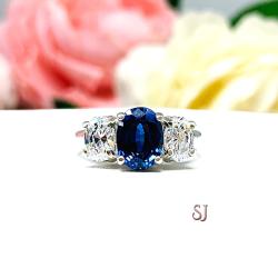 Lab Blue Sapphire CZ Oval Three Stone Ring