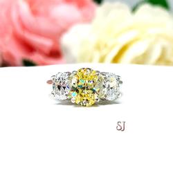 Canary Yellow Oval CZ 3 Stone Engagement Ring