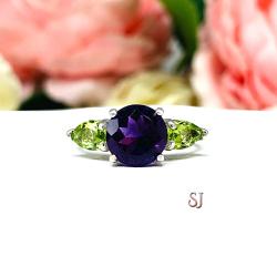 Natural African Amethyst Peridot 3 Stone Ring - Sterling silver setting - Round 8mm amethyst - Pear peridot side stones