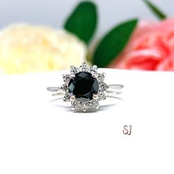 Black Moissanite Halo Engagement Ring - Round authentic moissanites - Sterling silver setting