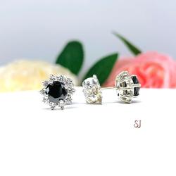 Black Moissanite Halo Stud Earrings - Round authentic moissanites - Sterling silver settings