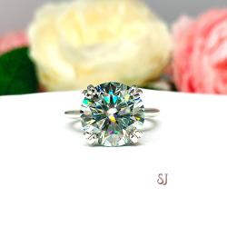 Steel Blue Moissanite Engagement Ring Size 6 - 12mm (6 Cts) authentic round moissanite - Sterling silver knife edge setting