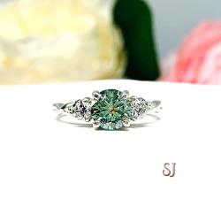 Sea foam Green Moissanite 3 Stone Ring - Round authentic moissanites - Sterling silver milgrain twist setting