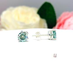 Blue Moissanite Basket Martini Stud Earrings - Round authentic moissanites - Sterling silver settings