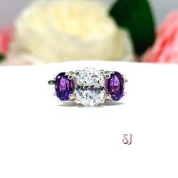 Oval CZ Natural African Amethyst 3 Stone Ring - 8x6mm center stone - 6x4mm side stones - Sterling silver trellis setting