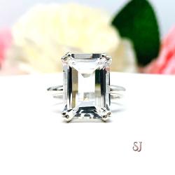 White Topaz Emerald Cut Ring - Natural 14x10mm (8 Cts) gemstone - Sterling silver statement double prong setting