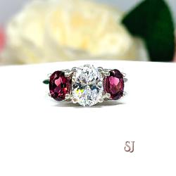 Oval CZ Natural Garnet 3 Stone Engagement Ring - 8x6mm oval center stone - 6x4mm rhodolite garnet - Sterling silver trellis setting