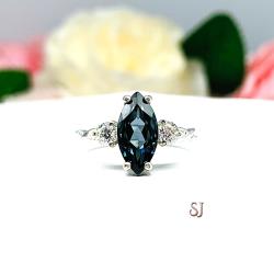 London Blue Topaz Marquise Ring - Moissanite side stones - Sterling silver twist milgrain band