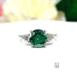 Emerald Green Moissanite 3 Stone Ring - Round authentic stones - Sterling silver twist milgrain band