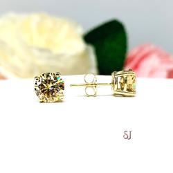 Champagne Moissanite 14k Gold Stud Earrings - 6.5mm, 7mm round authentic stones - FREE 3RD DAY UPS