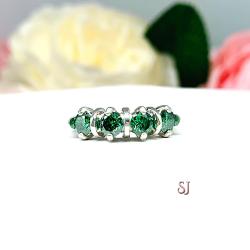 Emerald Green Moissanite 4 Stone Ring - 4mm round authentic moissanites - Sterling silver setting