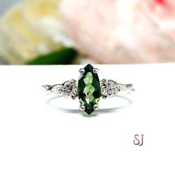 Green Tourmaline Marquise Ring Size 6 - Moissanite side stones - Twist milgrain sterling silver setting
