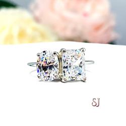 Oval Radiant CZ 2 Stone Engagement Ring You and Me Toi Et Moi
