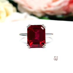 Lab Created Ruby Emerald Cut Ring Sterling Silver Double Prong