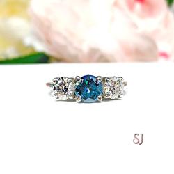 London Blue Moissanite 3 Stone Ring Size 6 -  Authentic moissanites - Sterling silver setting