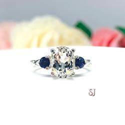 Natural White Topaz Oval Iolite 3 Stone Ring - Sterling silver setting