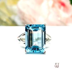 Sky Blue Topaz Emerald Cut Solitaire Ring Size 8 - Genuine 14x10mm (8 cts) gemstone - Sterling Silver split shank statement setting