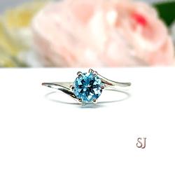 Genuine Swiss Blue Topaz Solitaire Ring - 6mm round gemstone - 6 prong sterling silver bypass setting
