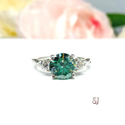 Green Moissanite 3 Stone Sterling Silver Ring - Milgrain twist band