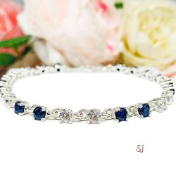 Lab Blue Sapphire CZ Sterling Silver Bracelet 4mm Round 7.5" Lobster Clasp