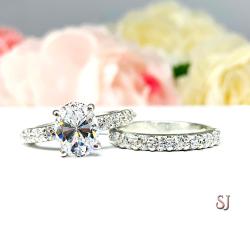 Oval CZ Pave Sterling Silver Engagement Ring Optional Matching Band