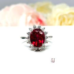 Lab Ruby Oval CZ Halo Sterling Silver Ring
