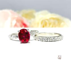 Lab Ruby Oval Engagement Ring CZ Pave Accents Sterling Silver Optional Matching Band