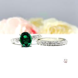 Lab Created Emerald Oval Engagement Ring - Round CZ Pave Accents - Sterling Silver - Optional Matching Band